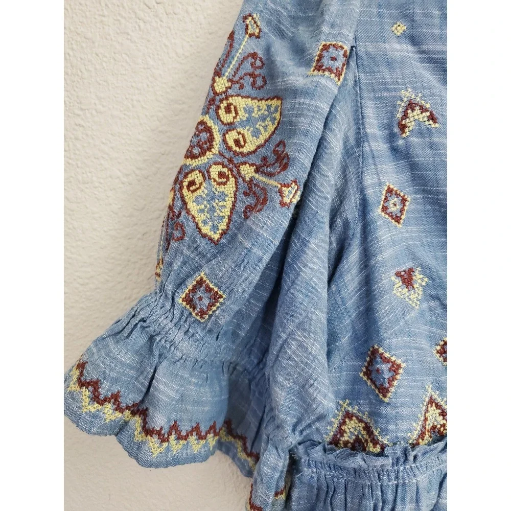 Free‎ People Tallulah Embroidered Chambray Peplum Top Blue XS Bohemian Tassel